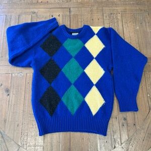 preswick and moore sweater Medium Blue Argyle Irish Wool Crewneck Vintage